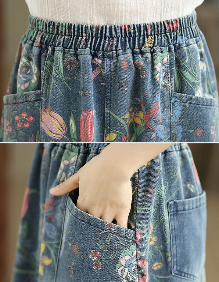 Casual floral denim skirt midi length everyday outfit