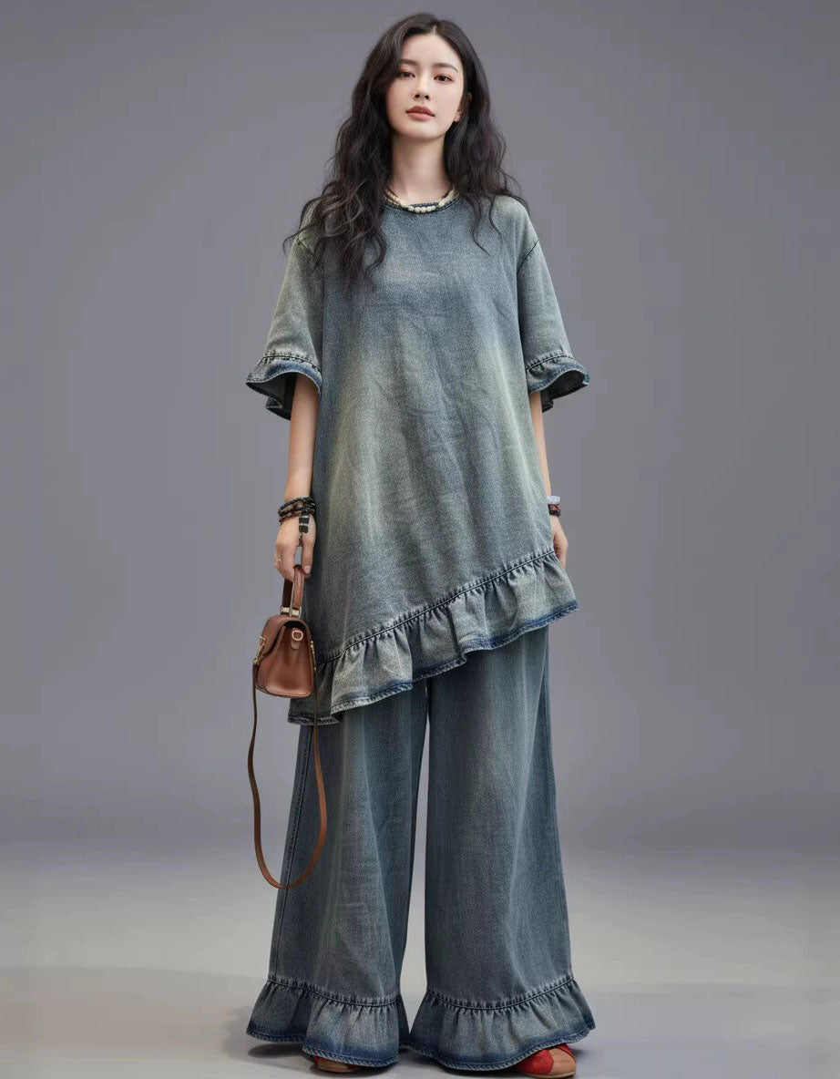 Women Denim Two Piece Set Ruffle Hem Wide Leg Outfit