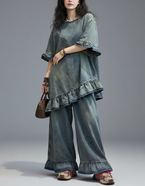 Boho Denim Lounge Set Wide Leg Pants Loose Fit Women