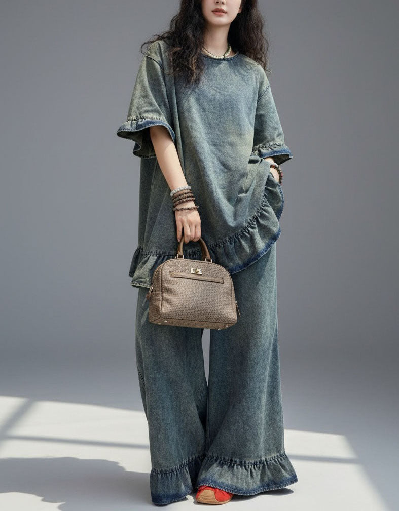 Vintage Washed Denim Two Piece Outfit Wide Leg Pants