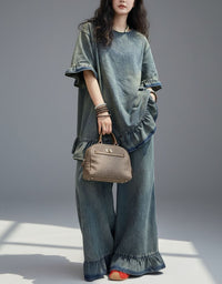 Vintage Washed Denim Two Piece Outfit Wide Leg Pants