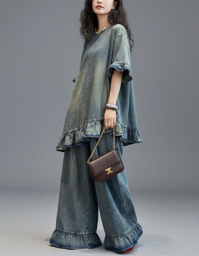 Casual Denim Matching Set Women Ruffle Hem Loose Fit