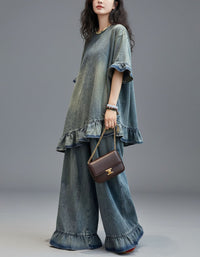 Casual Denim Matching Set Women Ruffle Hem Loose Fit