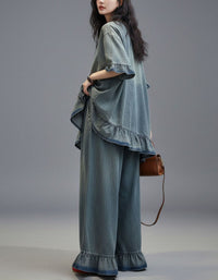 Oversized Denim Top and Wide Leg Pants Two Piece Set