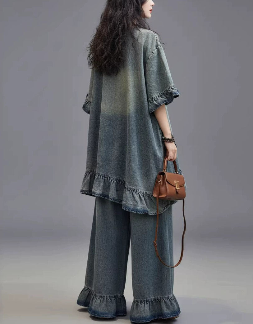 Women Loose Denim Co Ord Set Wide Leg Ruffle Pants