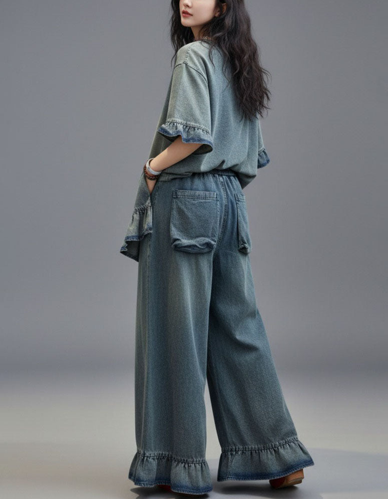 Bohemian Washed Denim Outfit Wide Leg Casual Set