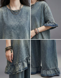 Boho style washed denim matching set for casual everyday wear