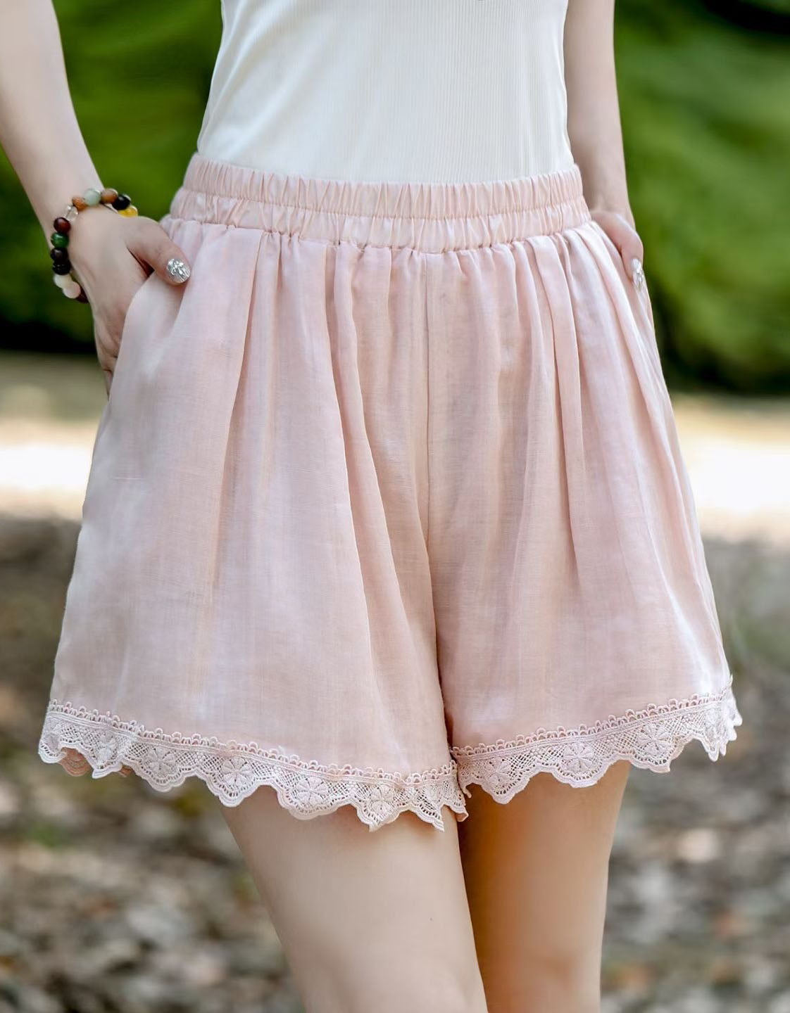 Elegant Cottagecore Linen Shorts for Women – Loose Comfy High Rise Elastic Waist Summer Shorts
