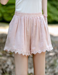 Women’s Soft Linen Blend Lace Trim Shorts – High Waist Elastic Waistband Casual Summer Lounge Shorts