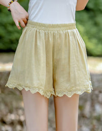 Vintage Style Blush Pink Cotton Linen Shorts for Women – Breathable Loose Fit Lace Hem Boho Shorts