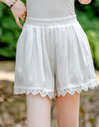Women’s Casual Summer Beach Shorts with Crochet Lace Hem – Soft Linen Blend Pull-On Shorts