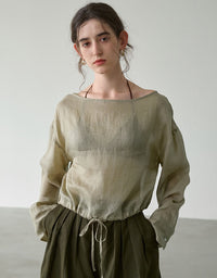 women minimalist linen boat neck blouse loose long sleeve casual top