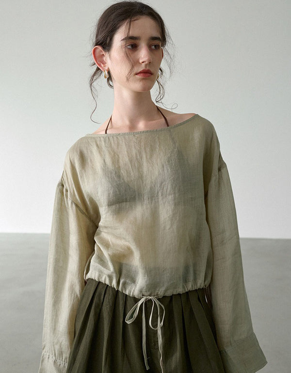 Women’s Minimalist Linen Blouse – Casual Drawstring Waist Top