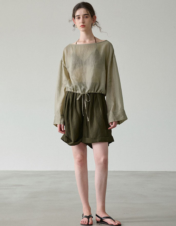 women lightweight linen drawstring blouse relaxed fit casual shirt