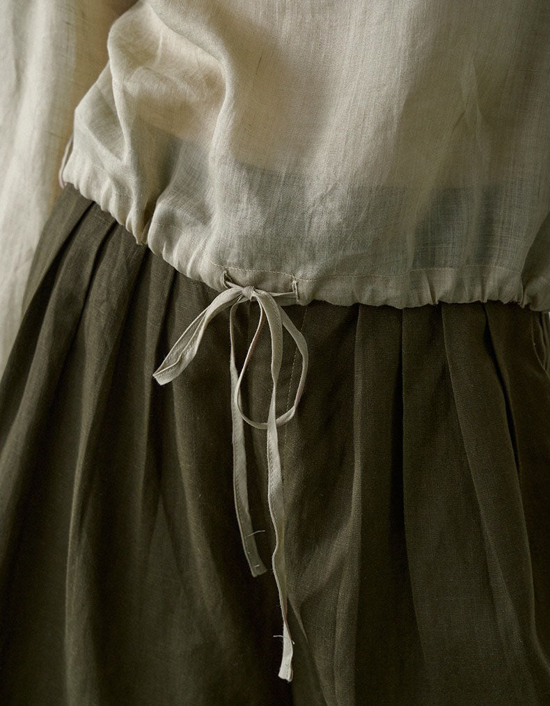 Close-up of Women’s Linen Boat Neck Blouse – Minimalist Long Sleeve Drawstring Top