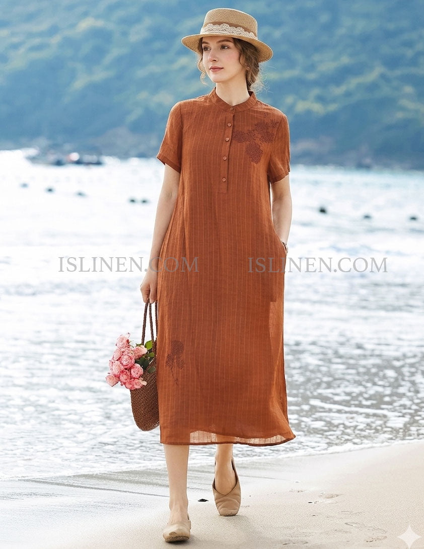 Women’s Linen Midi Dress Short Sleeve Beach Casual