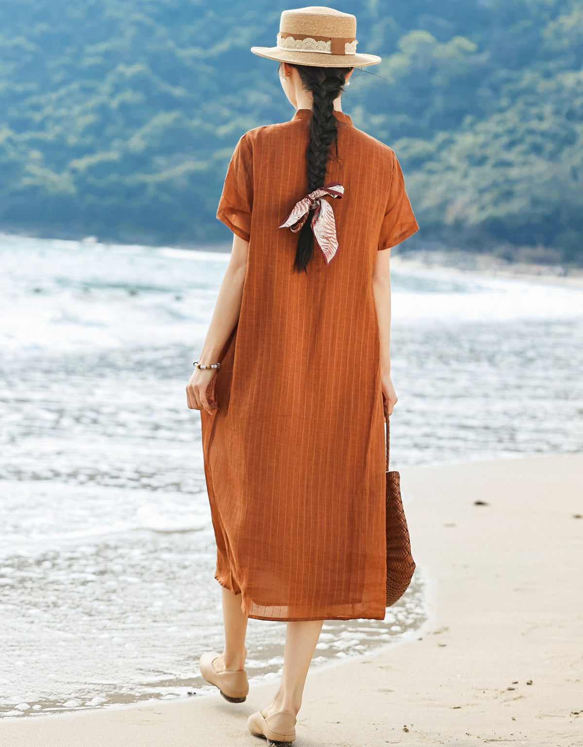 Minimalist Linen Shirt Dress Women Casual Midi Style
