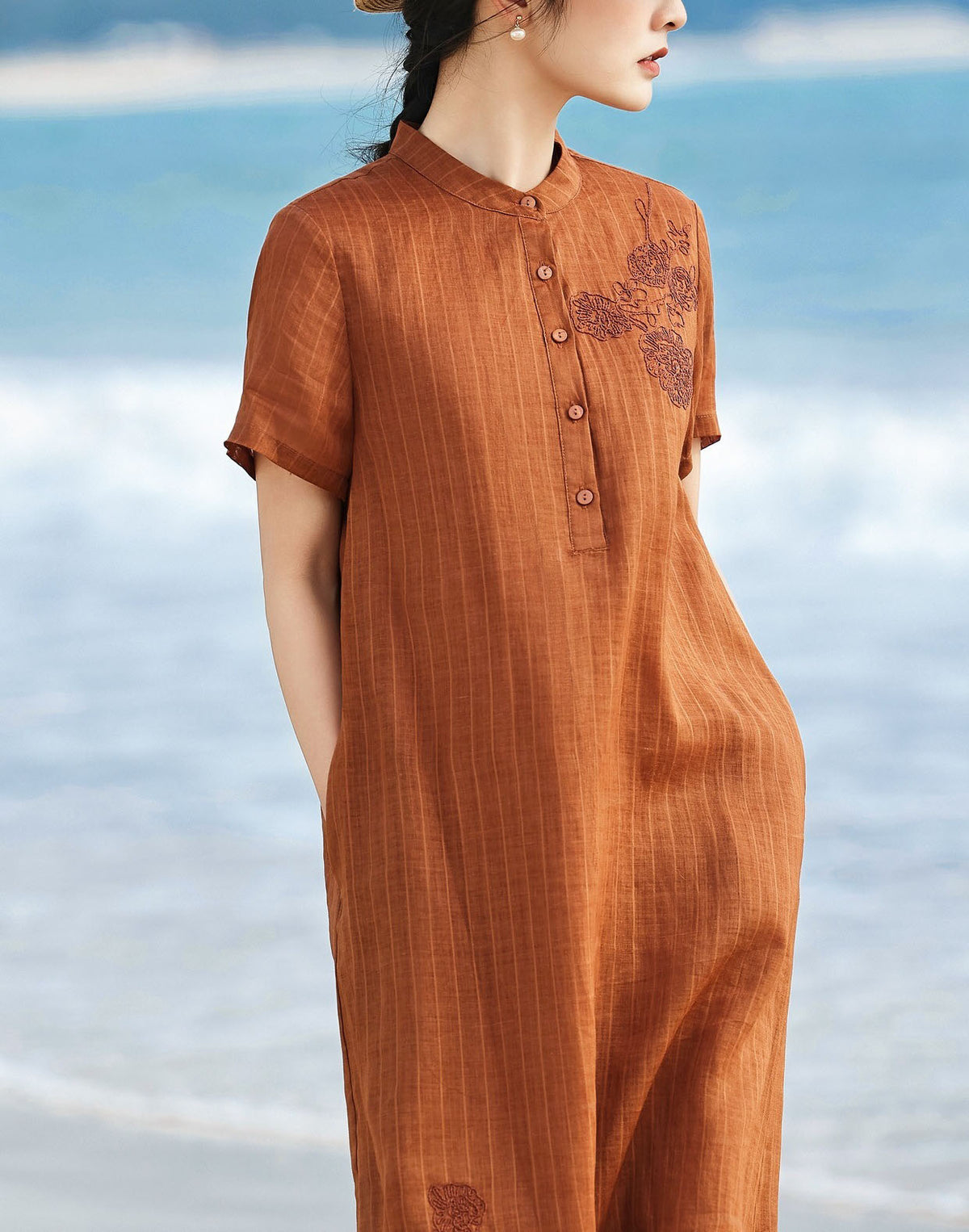 Breathable Linen Midi Dress Women Beach Vacation
