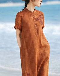 Breathable Linen Midi Dress Women Beach Vacation