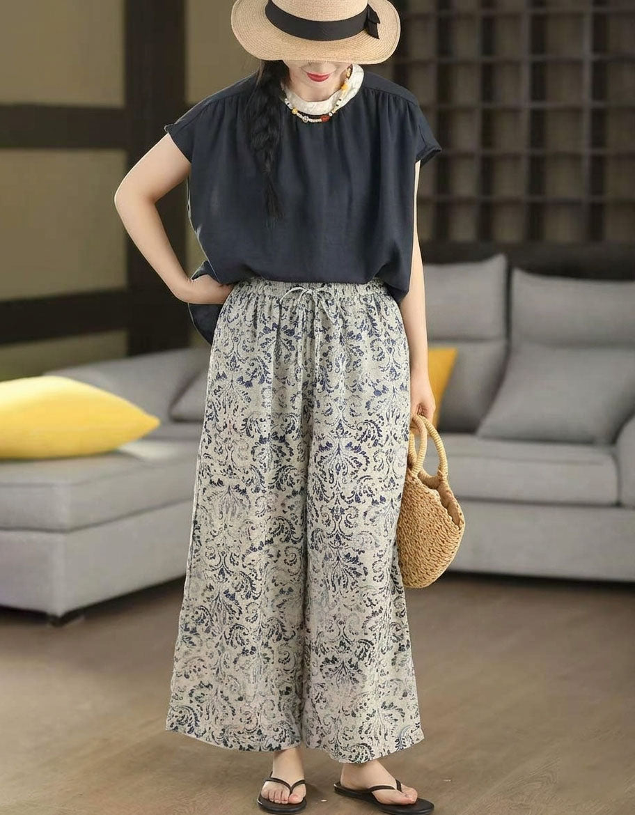 Women Floral Linen Wide Leg Pants Elastic Waist