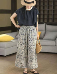 Women Floral Linen Wide Leg Pants Elastic Waist