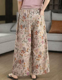 Vintage Floral Wide Leg Pants Women Casual Linen