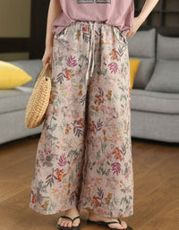 Floral Wide Leg Linen Pants Women Loose Fit Casual