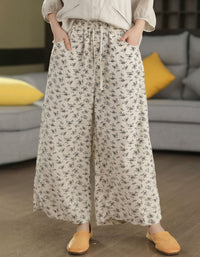Women Boho Floral Linen Pants Elastic Waist Loose Fit