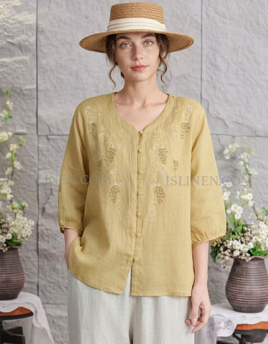 Women’s Embroidered Linen Blouse Button Front Top