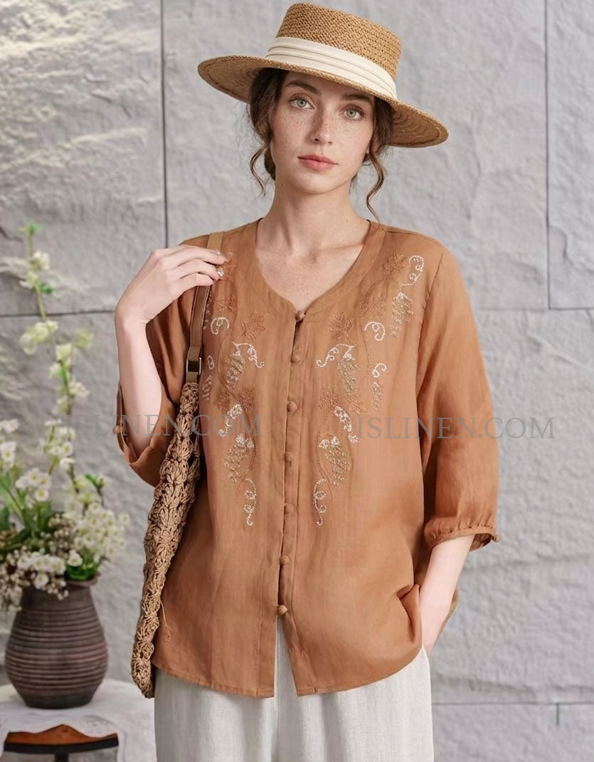 Vintage Style Linen Blouse with Floral Embroidery