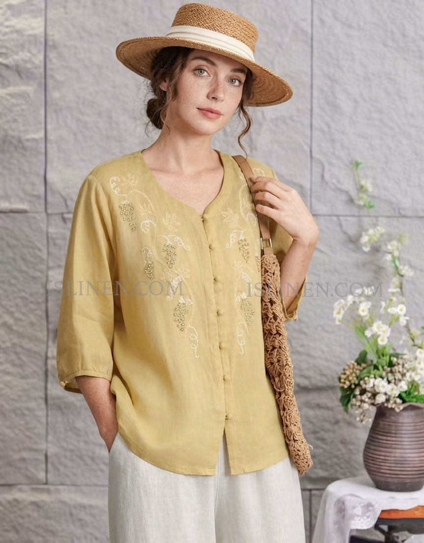 Women’s Button-Up Linen Top with Embroidery Detail