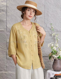 Women’s Button-Up Linen Top with Embroidery Detail