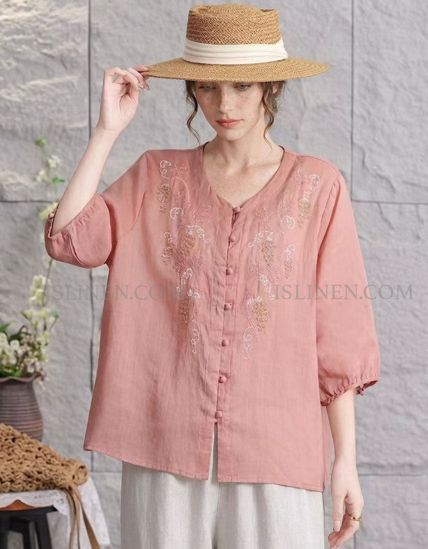 Boho Embroidered Linen Shirt Loose Fit Women Top
