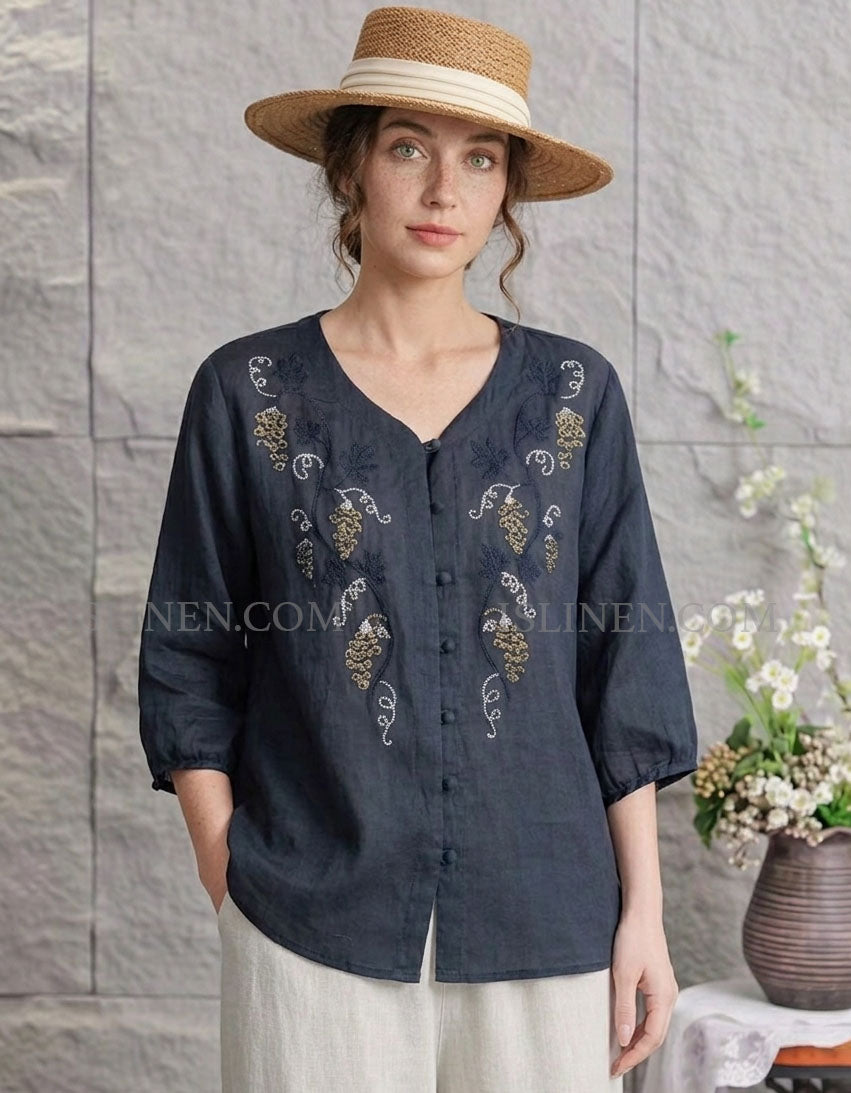Soft Linen Button Front Blouse with Floral Design