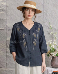 Soft Linen Button Front Blouse with Floral Design