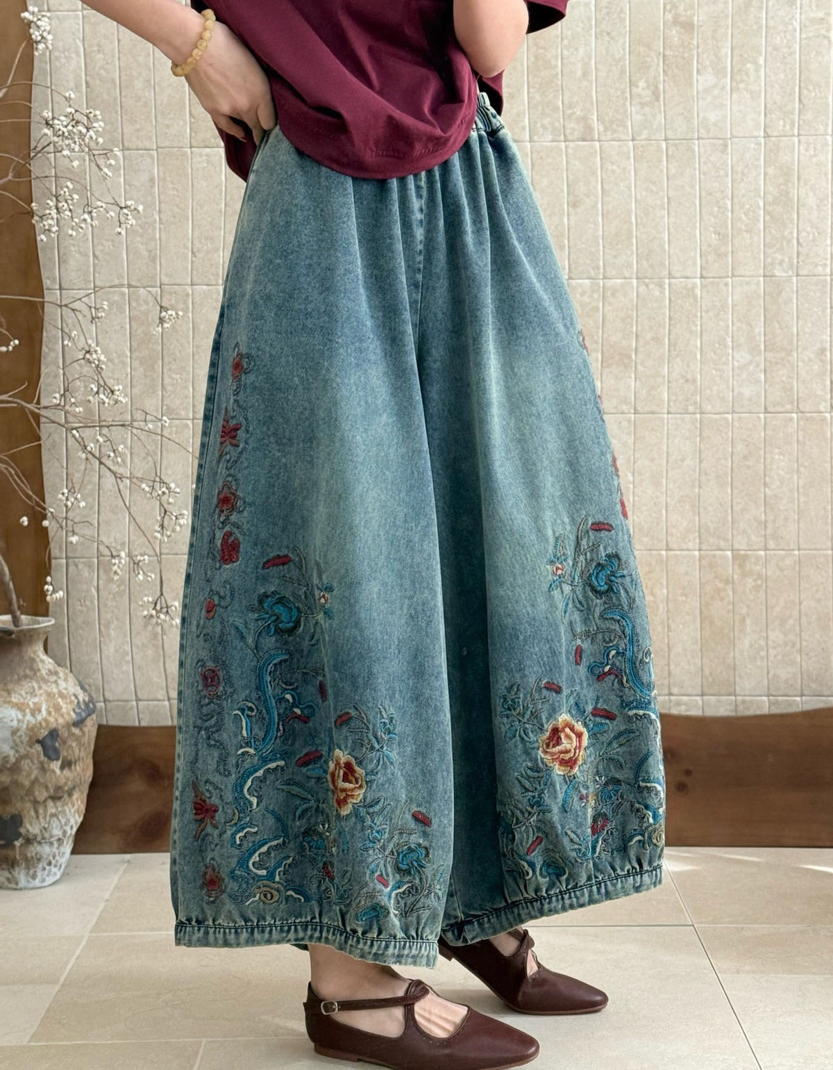Boho Embroidered Wide Leg Jeans Loose Fit Women Pants