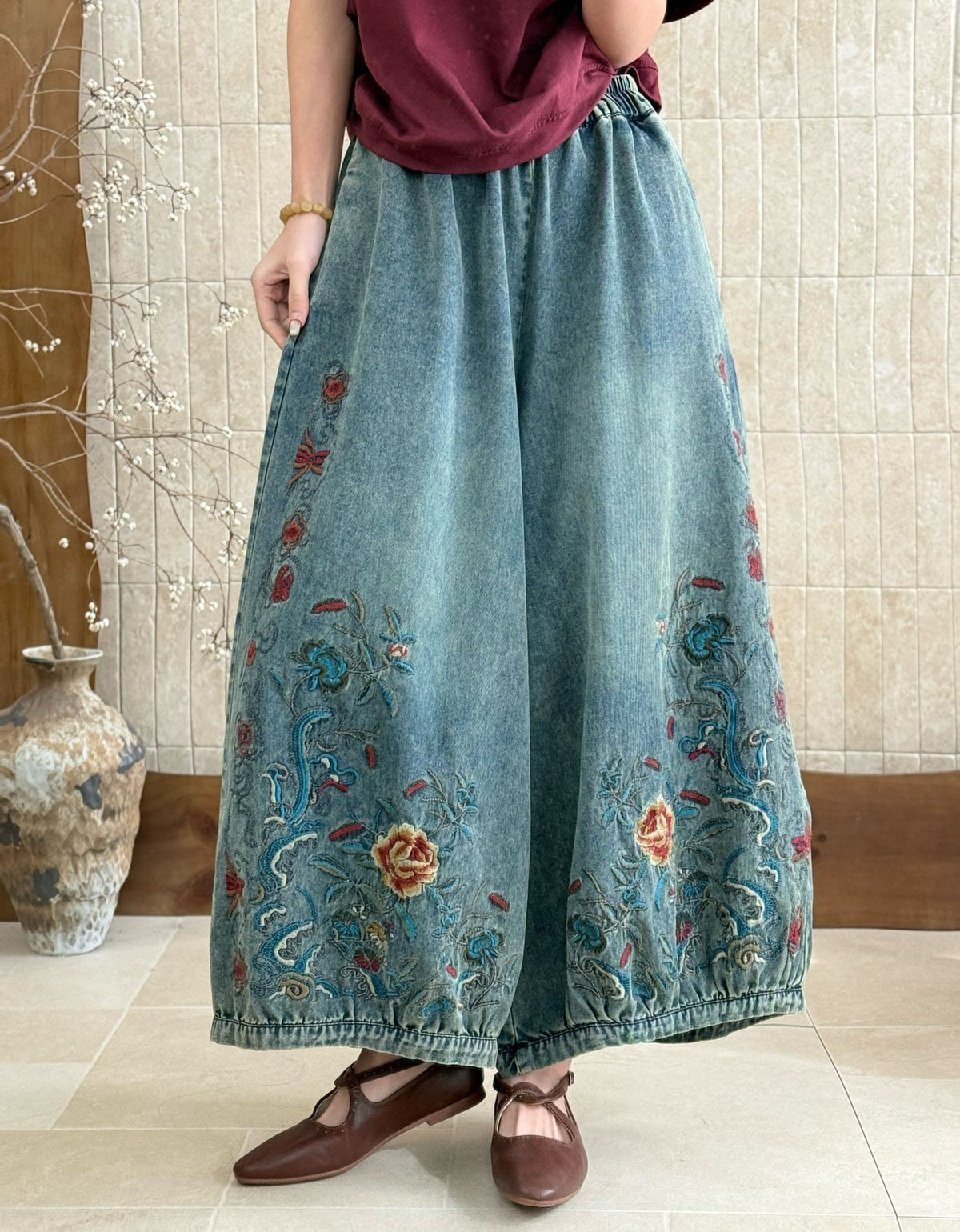Women Embroidered Wide Leg Denim Pants Vintage Style