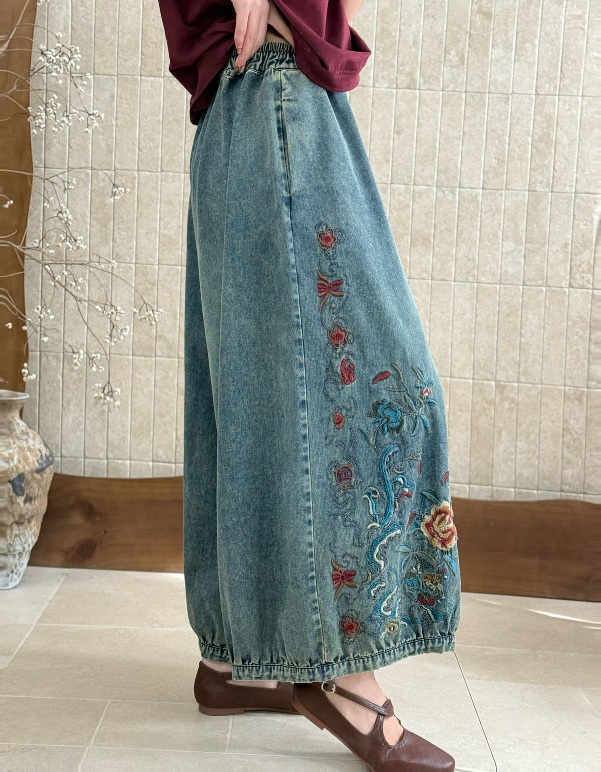 High Waist Embroidered Denim Wide Leg Pants Women