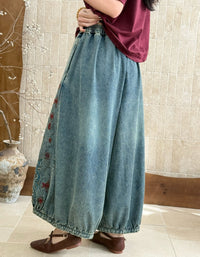 Women Vintage Floral Embroidered Loose Denim Pants
