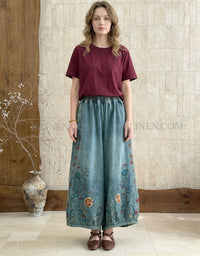 Vintage Floral Embroidery Wide Leg Denim Pants Women