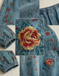 Casual Embroidered Wide Leg Denim Pants Elastic Waist