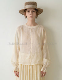 Women Linen Blouse Loose Fit Long Sleeve Casual Top