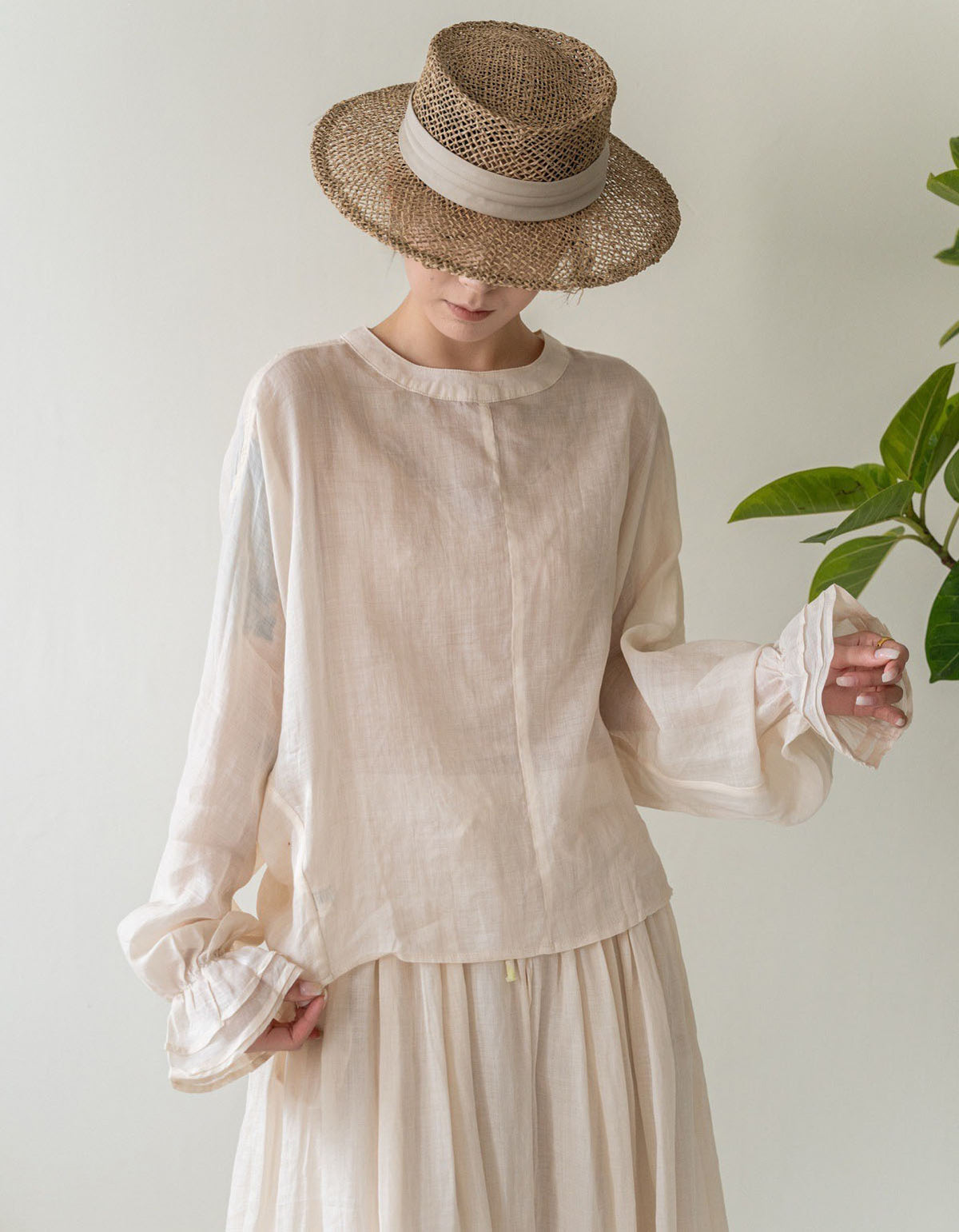 Women beige linen blouse loose fit long sleeve casual top