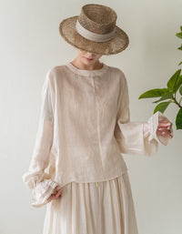 Women beige linen blouse loose fit long sleeve casual top