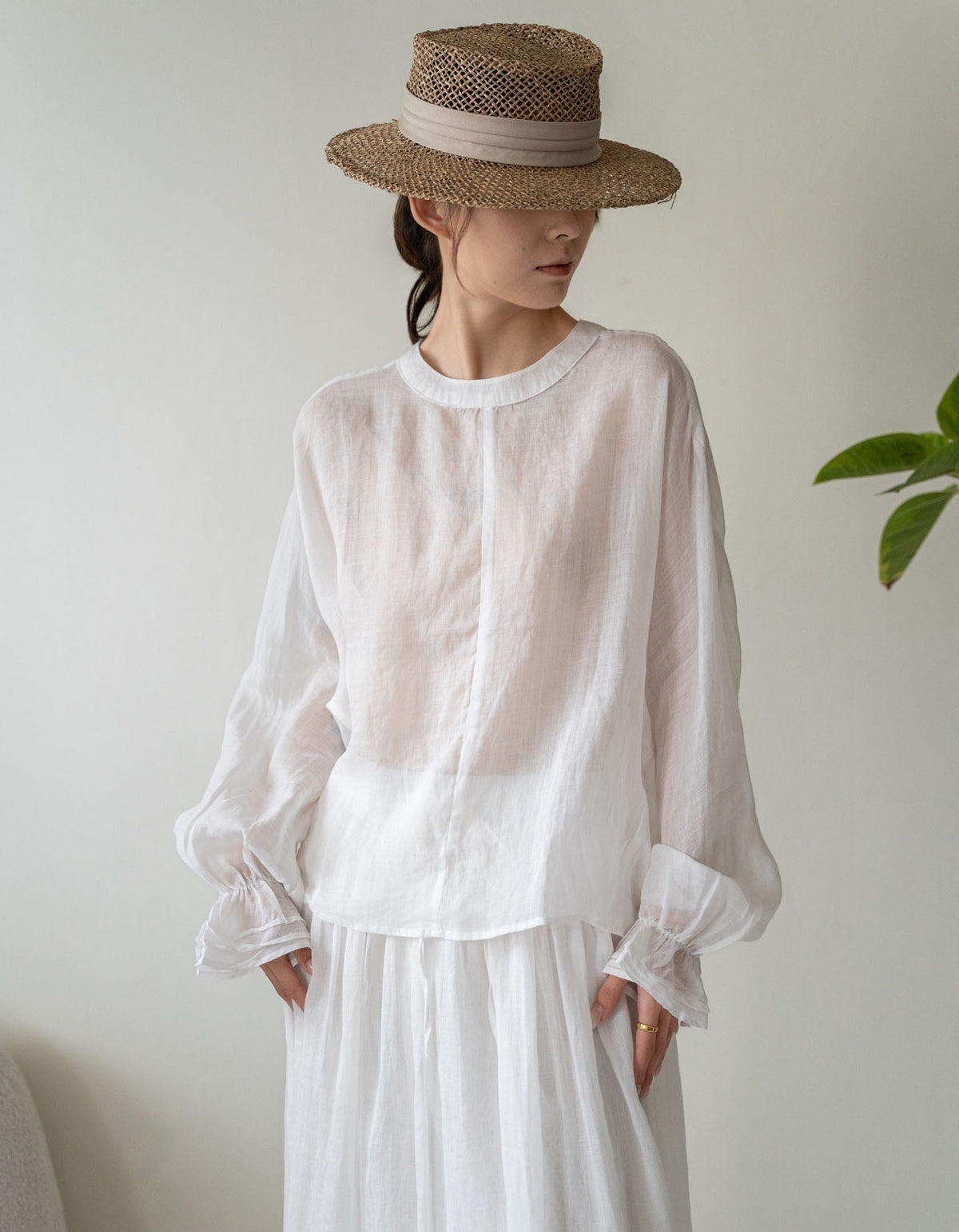 Women Loose Fit Linen Top Long Sleeve Casual Blouse