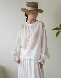 Women Loose Fit Linen Top Long Sleeve Casual Blouse