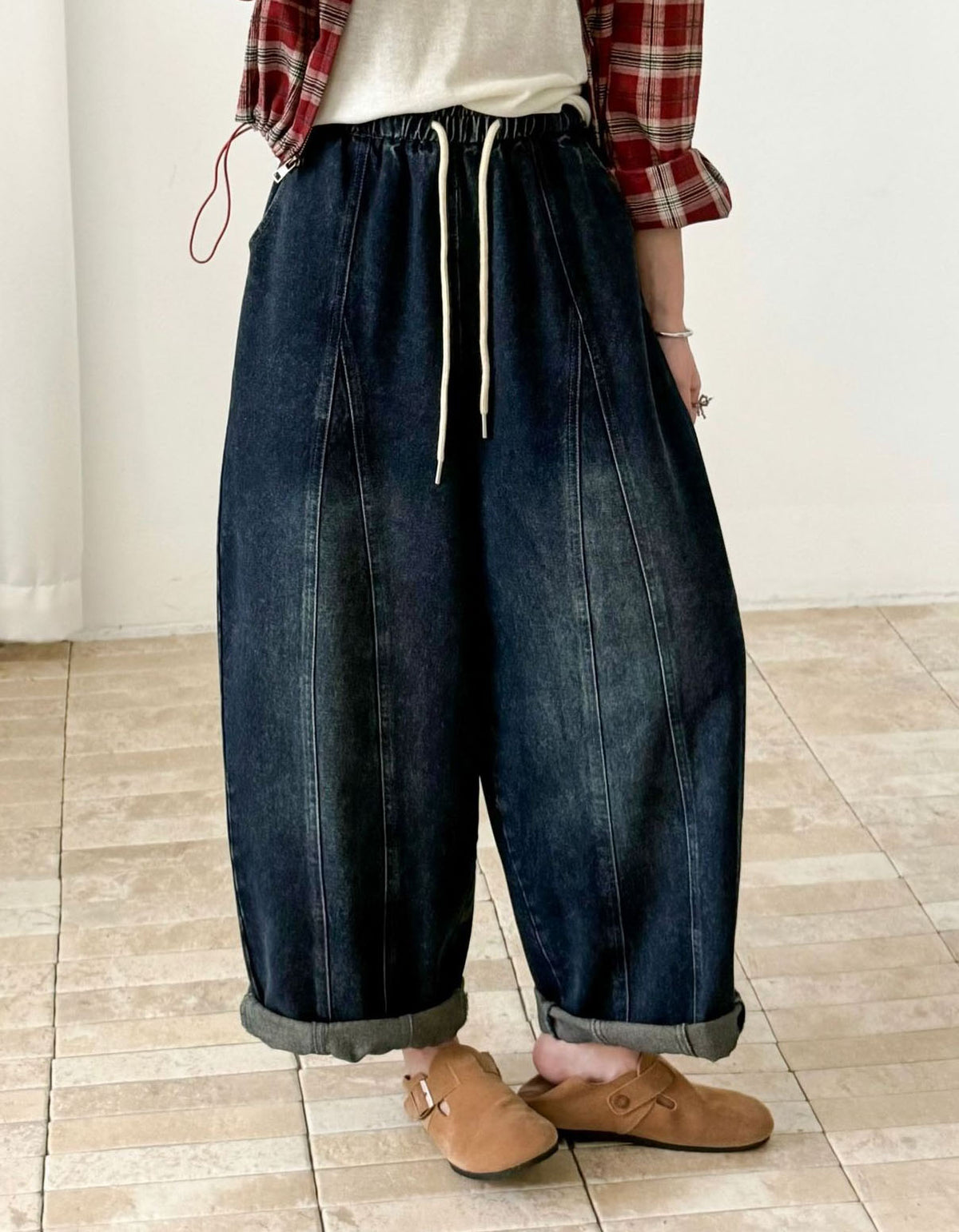 Women’s High Waist Wide Leg Jeans – Drawstring Relaxed Denim Pants