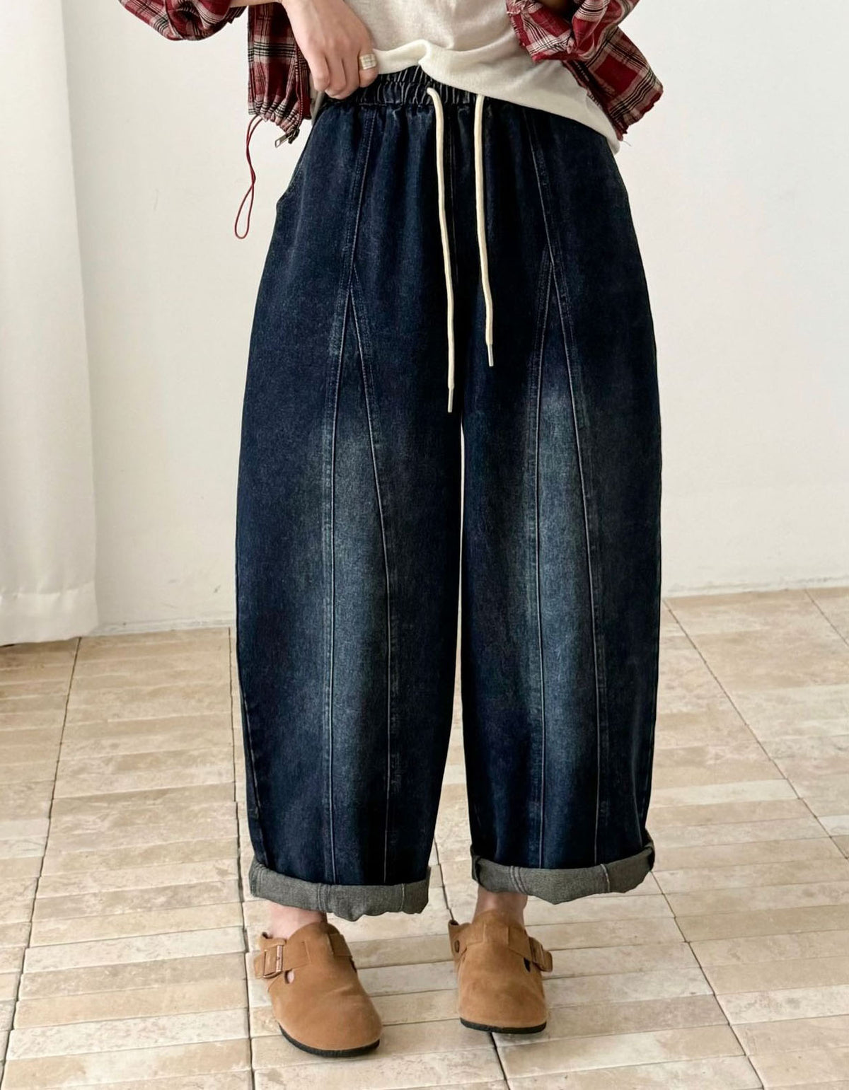 Women’s Relaxed Fit Denim Pants – Wide Leg Drawstring Waist Jeans