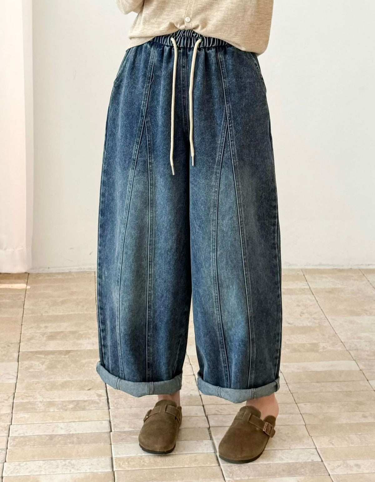 Women’s Loose Fit Wide Leg Jeans – Dark Denim Elastic Waist Pants