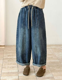 Women’s Loose Fit Wide Leg Jeans – Dark Denim Elastic Waist Pants